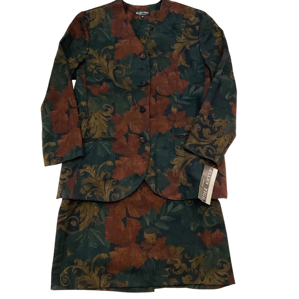 VTG Ellen Figg blazer skirt suit career floral artisan 80s 90s bold rayon 12 NWT